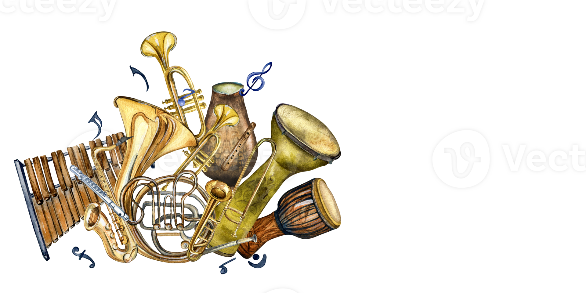 composición de viento musical instrumentos y tambores acuarela ilustración aislado. djembé, bocina, flauta, tuba, saxófono, xilófono mano dibujado. diseño elemento para volantes, concierto eventos, folleto, póster. png