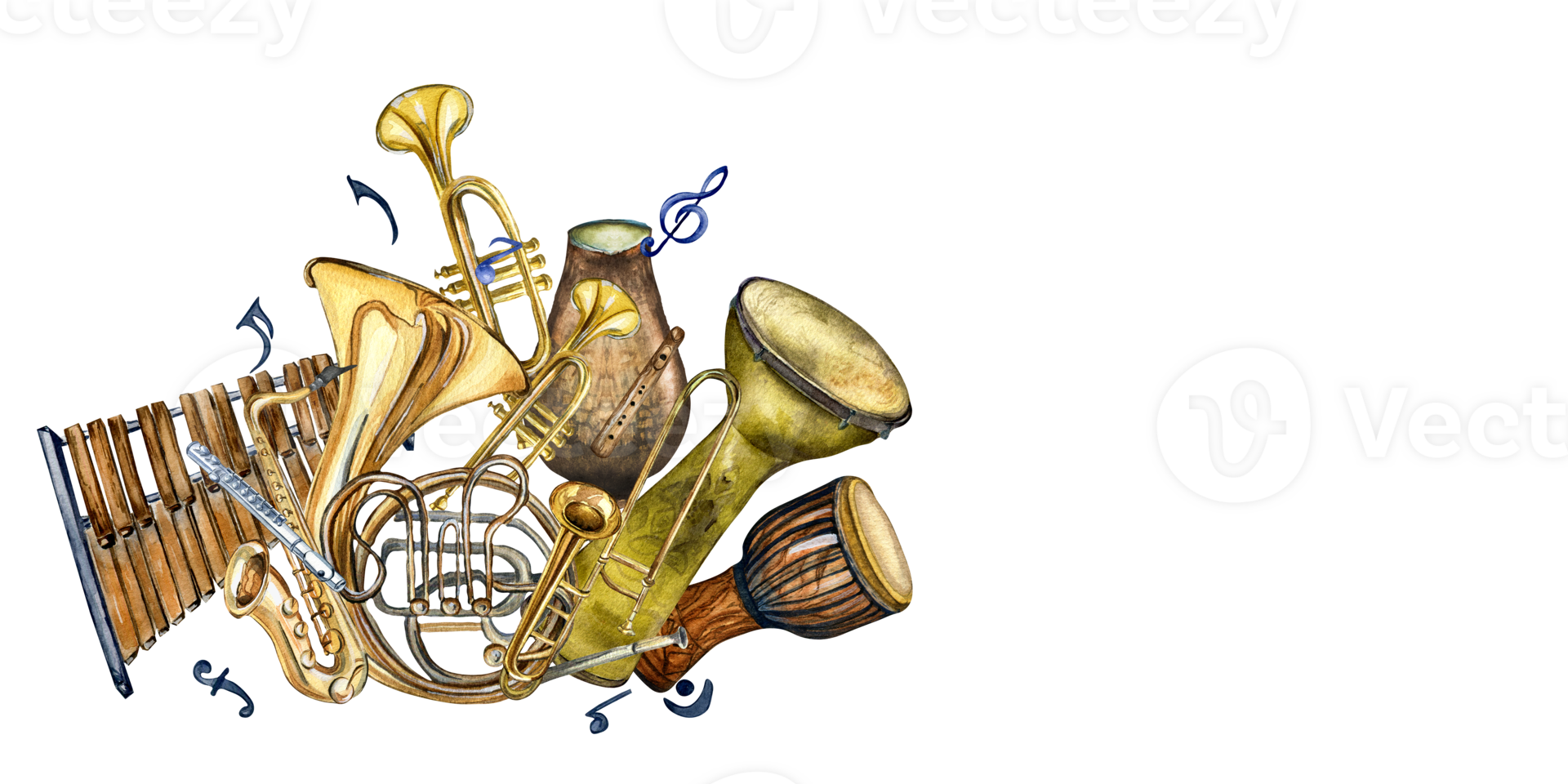 composição do vento musical instrumentos e bateria aguarela ilustração isolado. djembê, buzina, flauta, tuba, saxofone, xilofone mão retirou. Projeto elemento para folheto, show eventos, folheto, poster. png