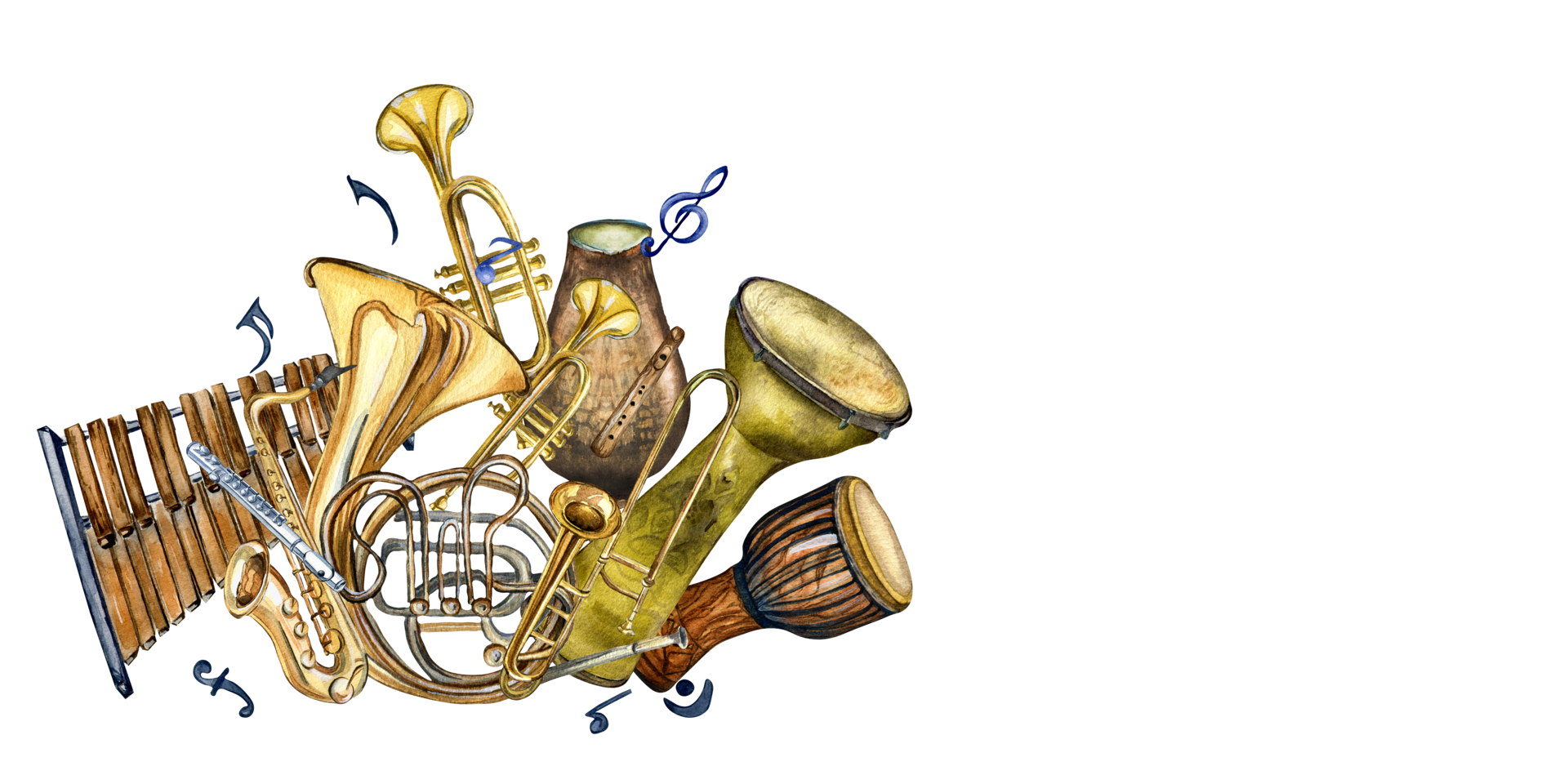 Composition of wind musical instruments and drums watercolor