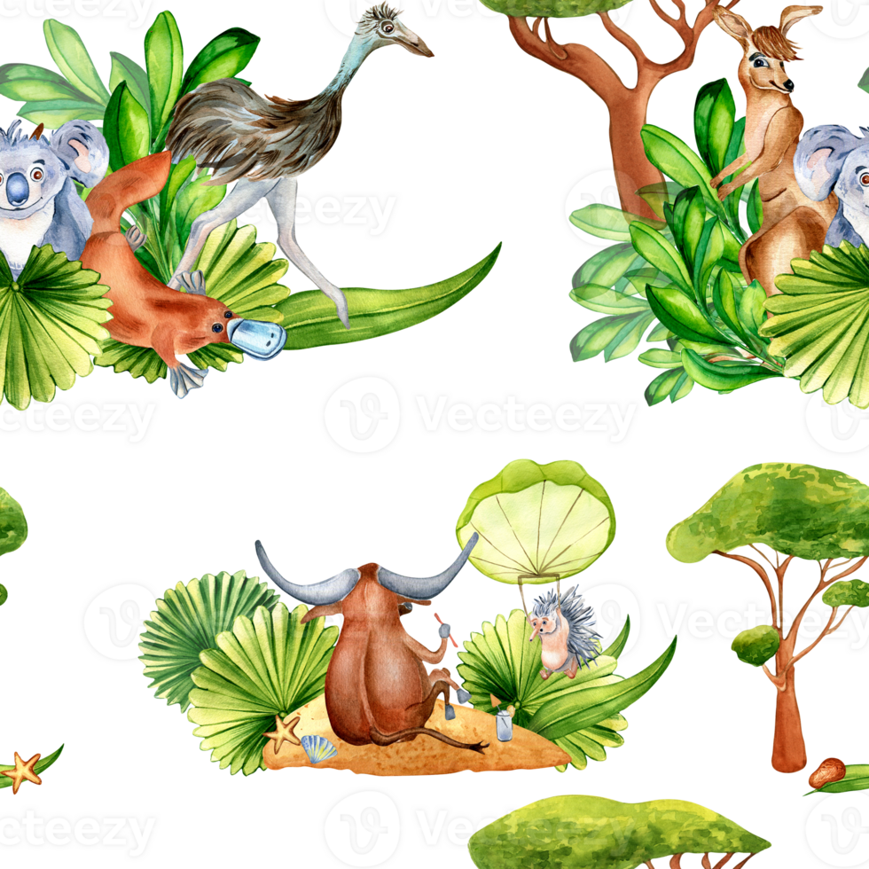 Cartoon animals watercolor seamless pattern. Summer leisure activities animals, platypus, emu, buffalo hand drawn. Design element for print, wallpaper, textile, childish background png