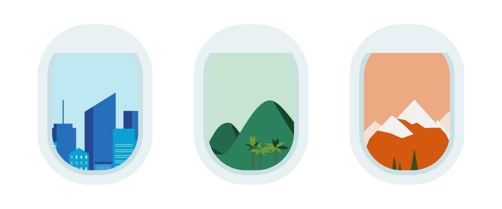 Set of aircraft portholes, windows with different landscapes vector