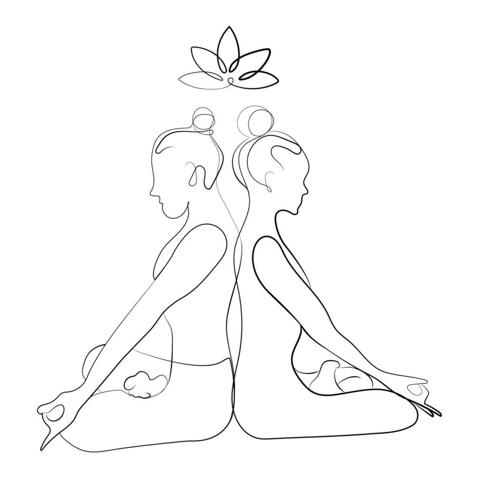 Man and woman in lotus pose yoga meditation line art drawing vector illustration.Simple line drawing two persons sit back to back in lotus position.Silhouette meditating people