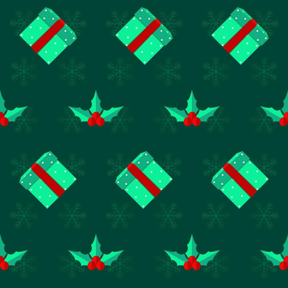 Green Snowflake Pattern Background Decorated With Gift Boxes And Holly Berries. vector