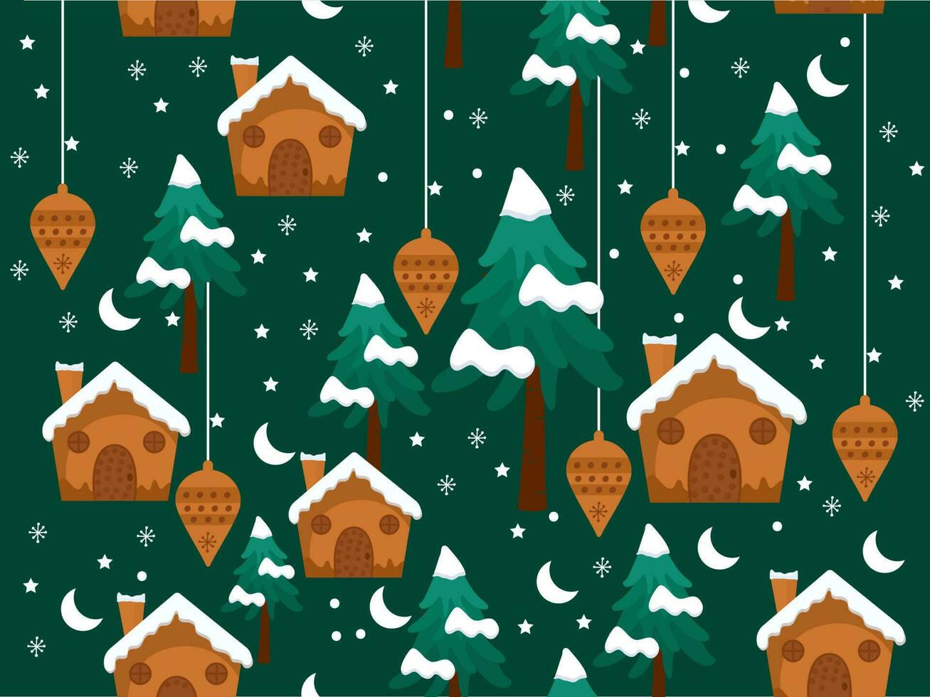 Repeat-less Snowy Home, Xmas Tree, Baubles Hang, Crescent Moon And Stars On Green Background. vector