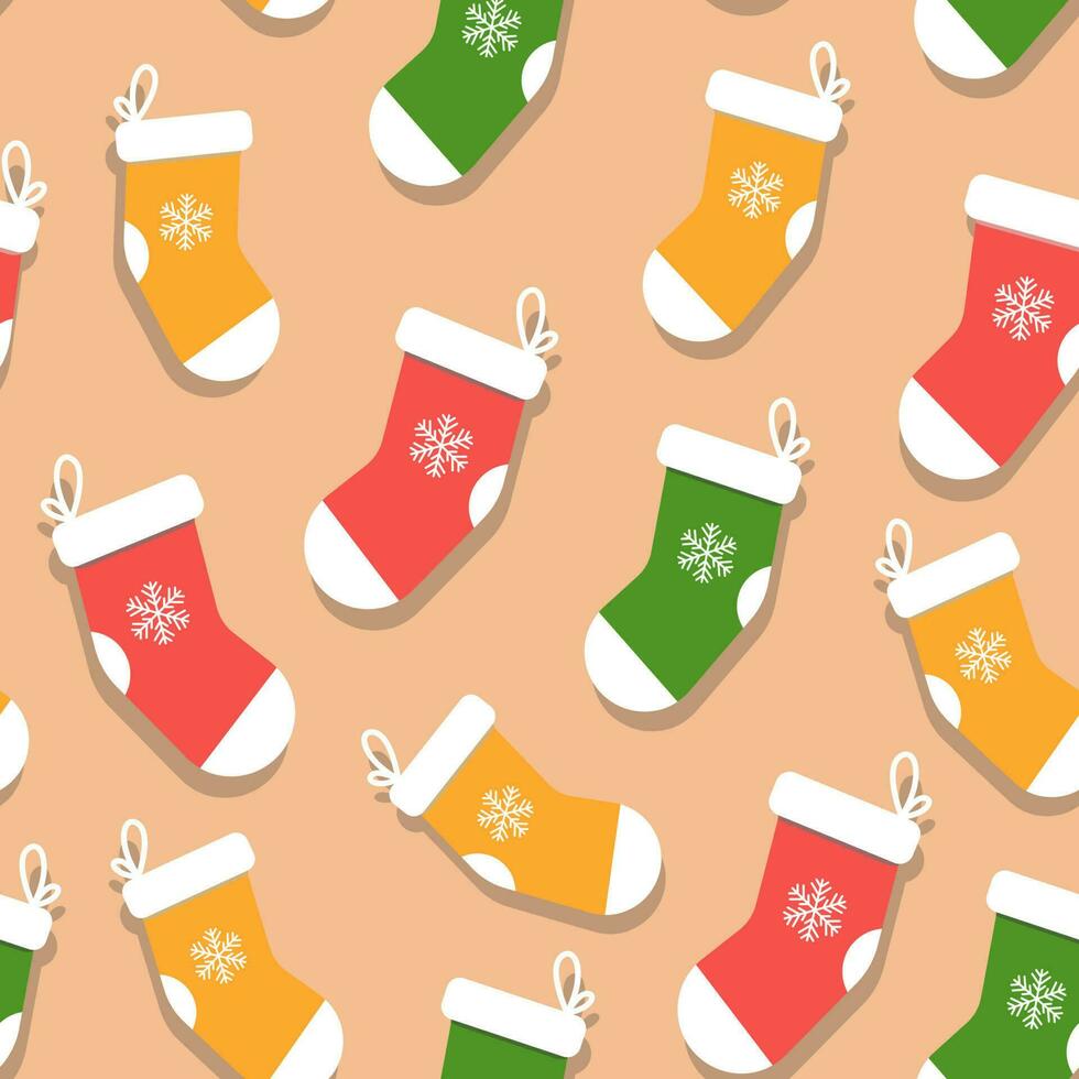 Repeat-less Colorful Woolen Socks With Snowflake On Pastel Brown Background. vector