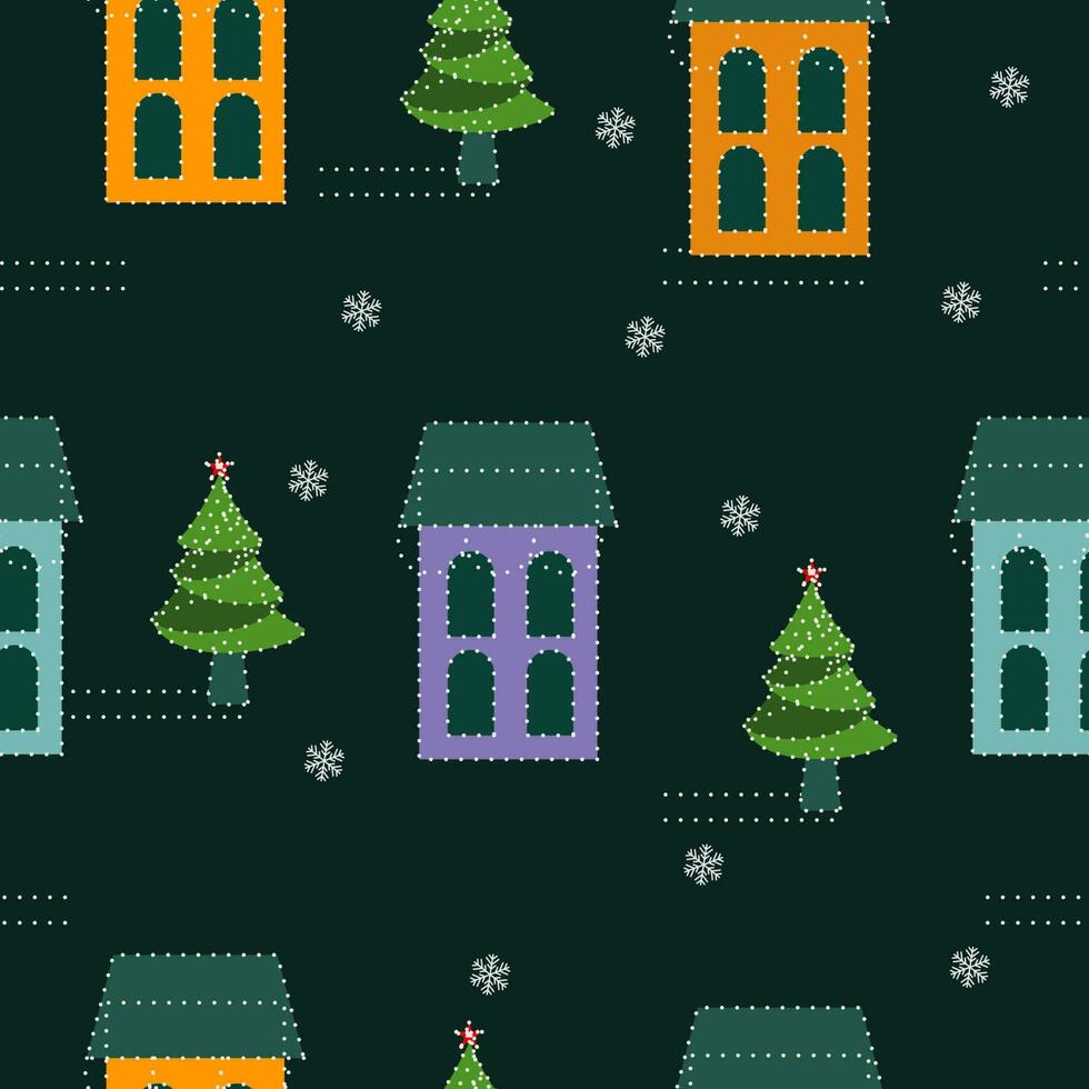 Repeat-less Buildings And Xmas Tree Decorated From Lighting Garland On Green Background. vector