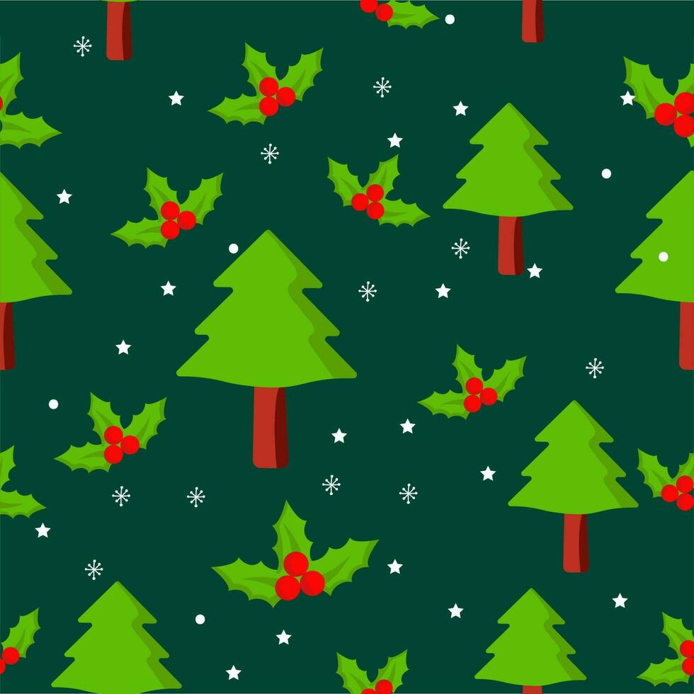 Repeat-less Xmas Tree With Holly Berries, Stars And Snowflakes On Green Background. vector