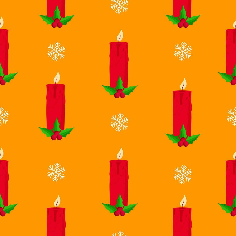 Repeat-less Lit Candles With Holly Berries And Snowflakes On Orange Background. vector