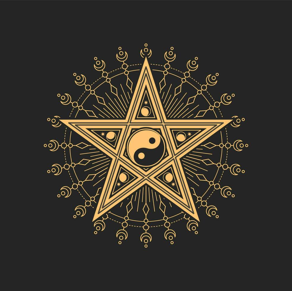 yin yang símbolo dentro de pentagrama estrella con Luna vector