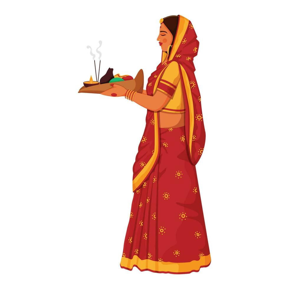 Side View Of Indian Young Woman Holding Bamboo Basket Soop For Chhath Puja. vector