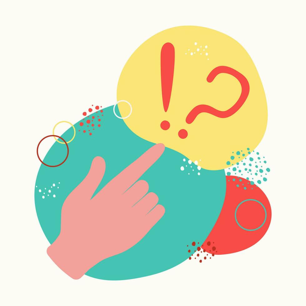 Human hand . Question mark and exclamation point. Concepts of making a decision, answering questions, solving problems, ideas.  Questioning, quizzing. Vector illustration.