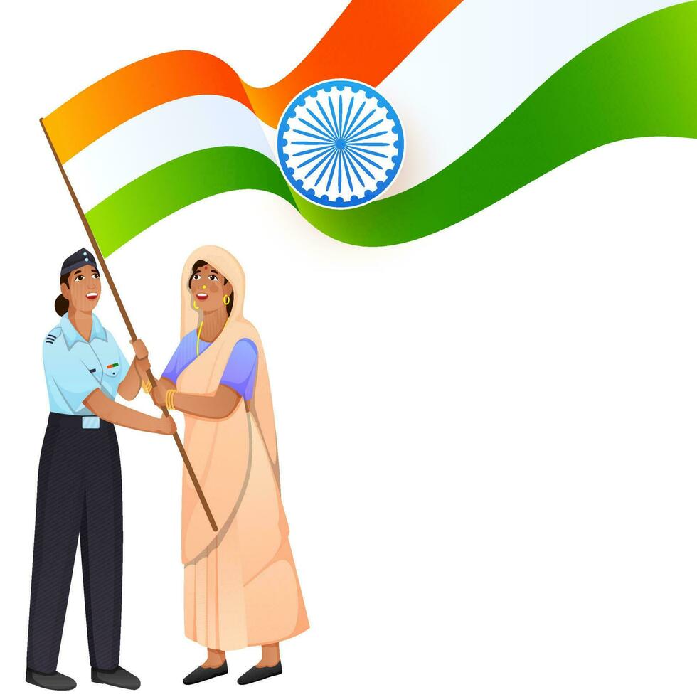 Indian Two Women Holding National Flag On White Background. vector