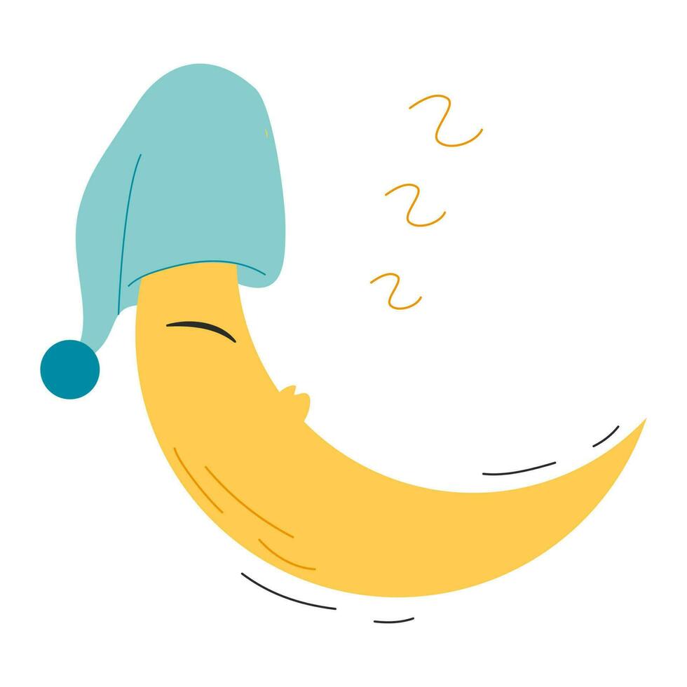 linda amarillo medio Luna dormido en sombrero con pompom.infantil de colores vector ilustración en plano dibujos animados estilo