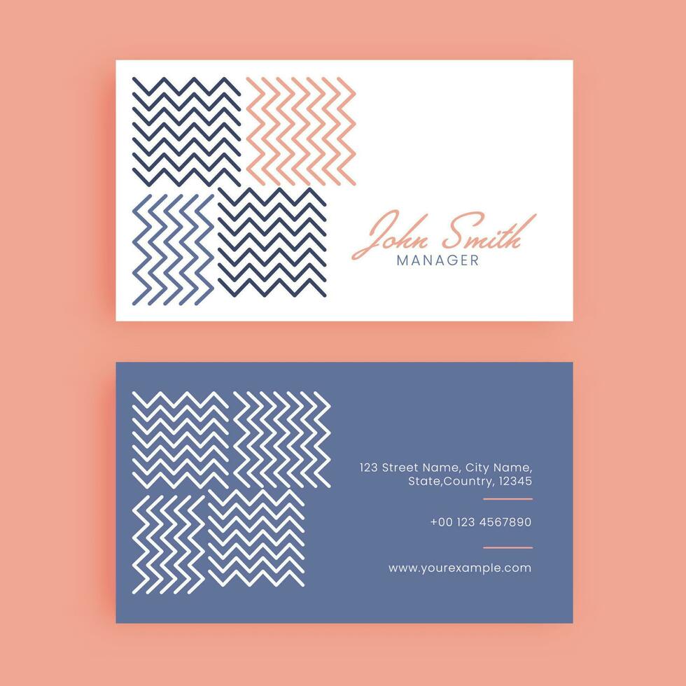 Double-Side Business Card Template With Zigzag Lines In White And Blue Color. vector