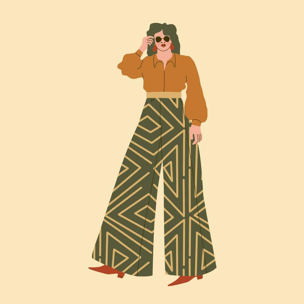 Moda y estilo de el años 70 linda joven mujer en amplio largo pantalones, un de manga ancha blusa y Gafas de sol. vector de moda ilustración.