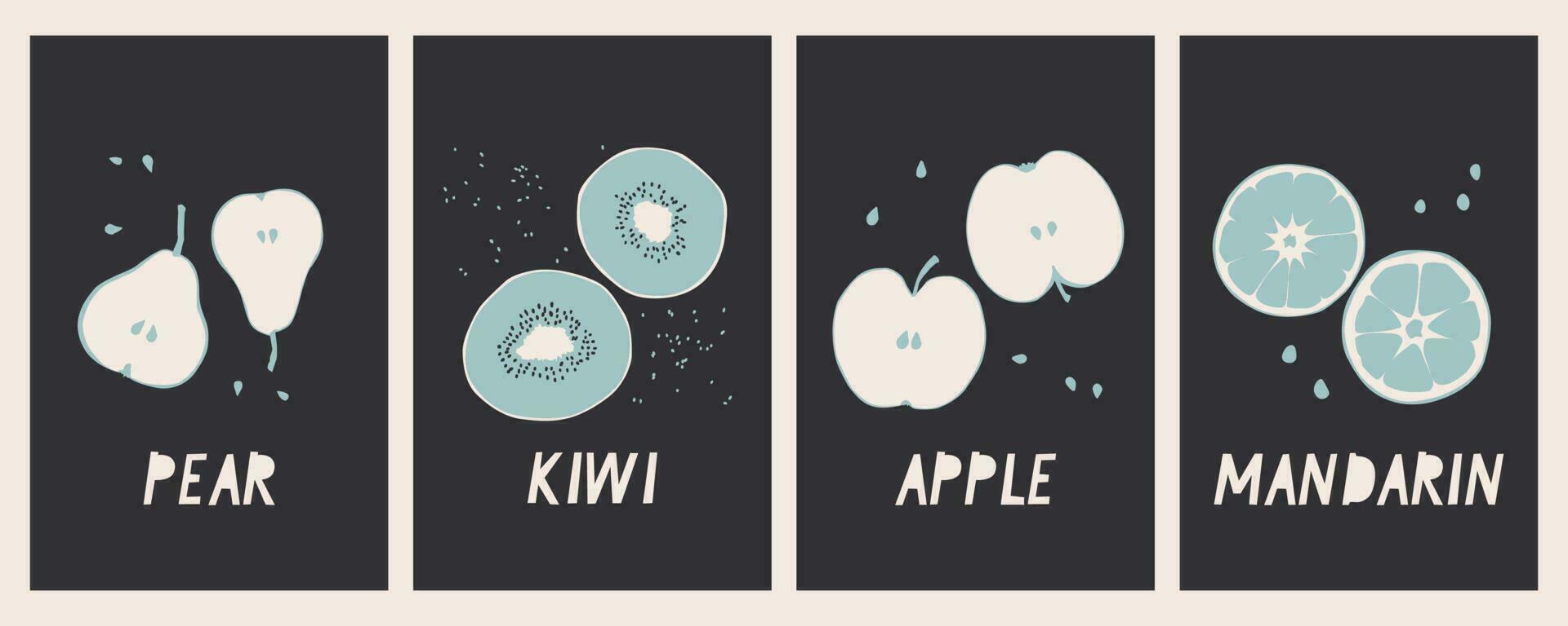 Quadriptych of posters with cut fruits. Decorative apple, kiwi, pear and tangerine on a black background. Vector trendy illustration.
