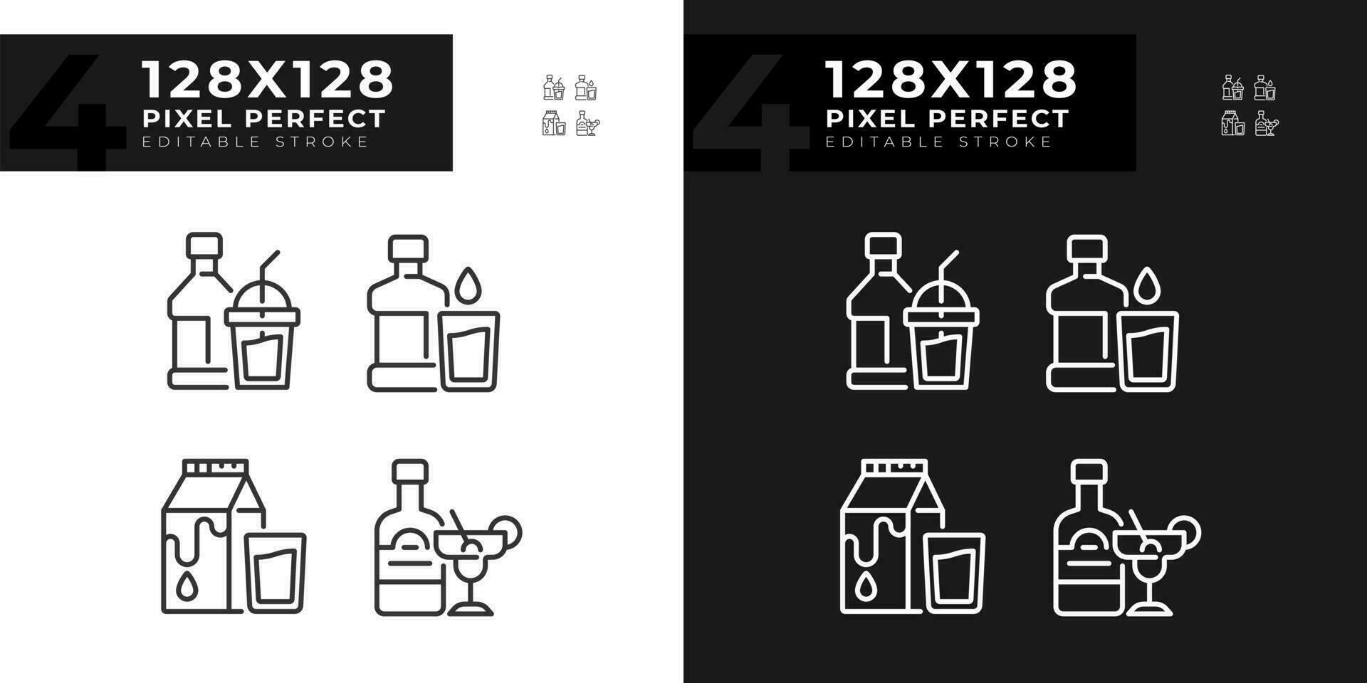 Bottled beverages pixel perfect linear icons set for dark, light mode. Alcohol and soft drinks. Liquid refreshments. Thin line symbols for night, day theme. Isolated illustrations. Editable stroke vector