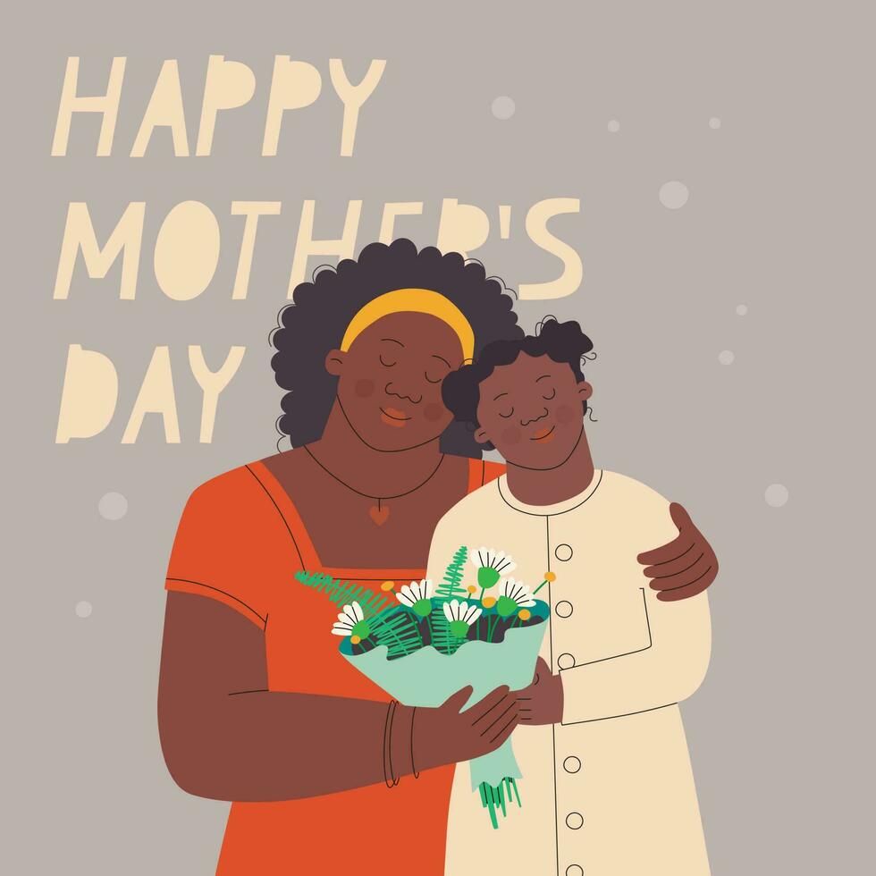 Text happy mothers day. Dark-skinned mother and daughter with a bouquet of flowers are hugged. Postcard for mother Day. Vector illustration for design.