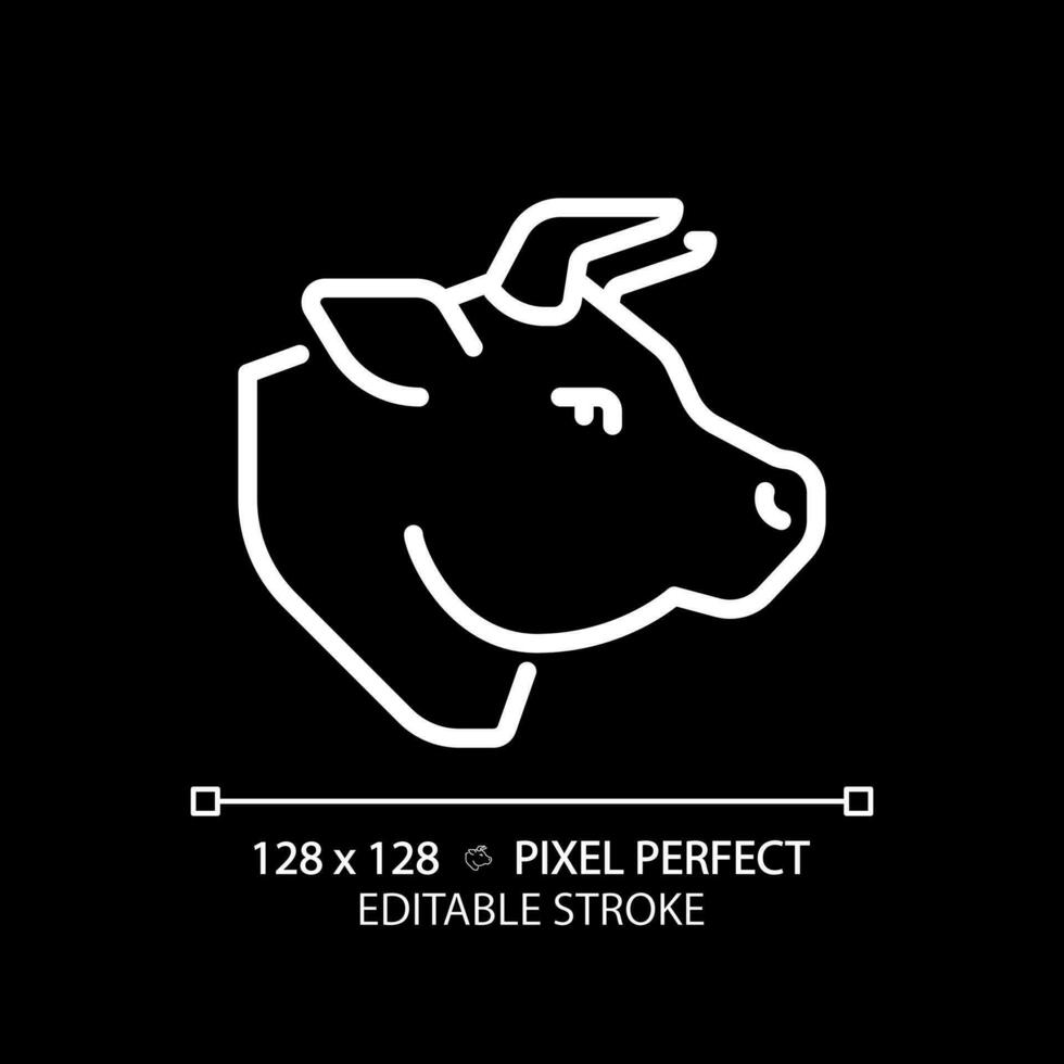 Beef pixel perfect white linear icon for dark theme. Cattle ranching. Meat section. Cow head. Steak house. Deli product. Thin line illustration. Isolated symbol for night mode. Editable stroke vector