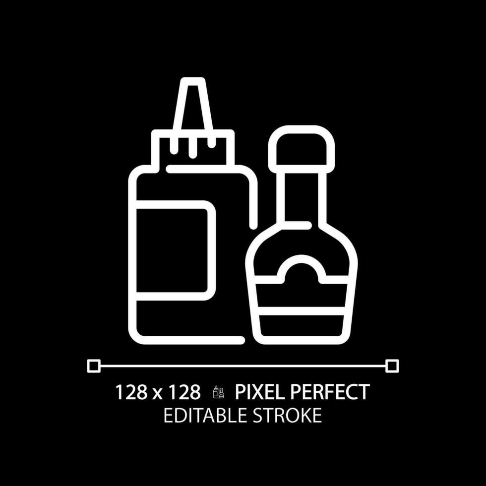 Sauce pixel perfect white linear icon for dark theme. Salad dressing. Meal accompaniment. Flavor enhancer. Condiments aisle. Thin line illustration. Isolated symbol for night mode. Editable stroke vector