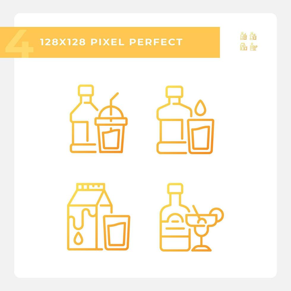 Bottled beverages pixel perfect gradient linear vector icons set. Alcohol and soft drinks. Liquid refreshments. Thin line contour symbol designs bundle. Isolated outline illustrations collection