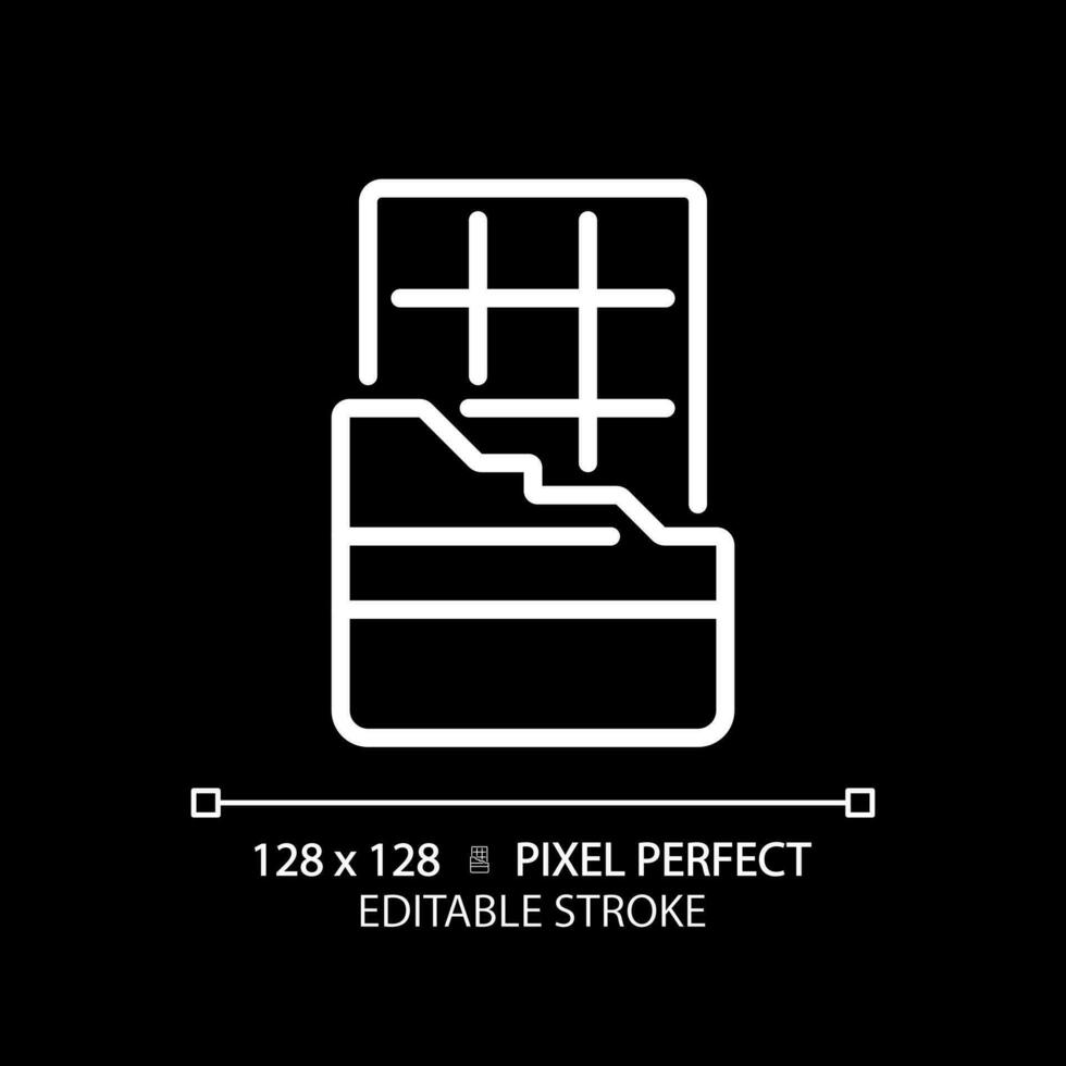Chocolate bar pixel perfect white linear icon for dark theme. Candy store. Cocoa bean. Confectionery product. Sweet confection. Thin line illustration. Isolated symbol for night mode. Editable stroke vector