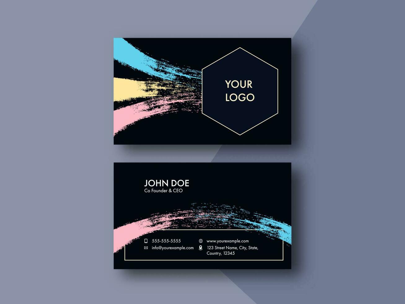 Black Business Card Template Design With Brush Stroke Effect In Double-Side Present. vector