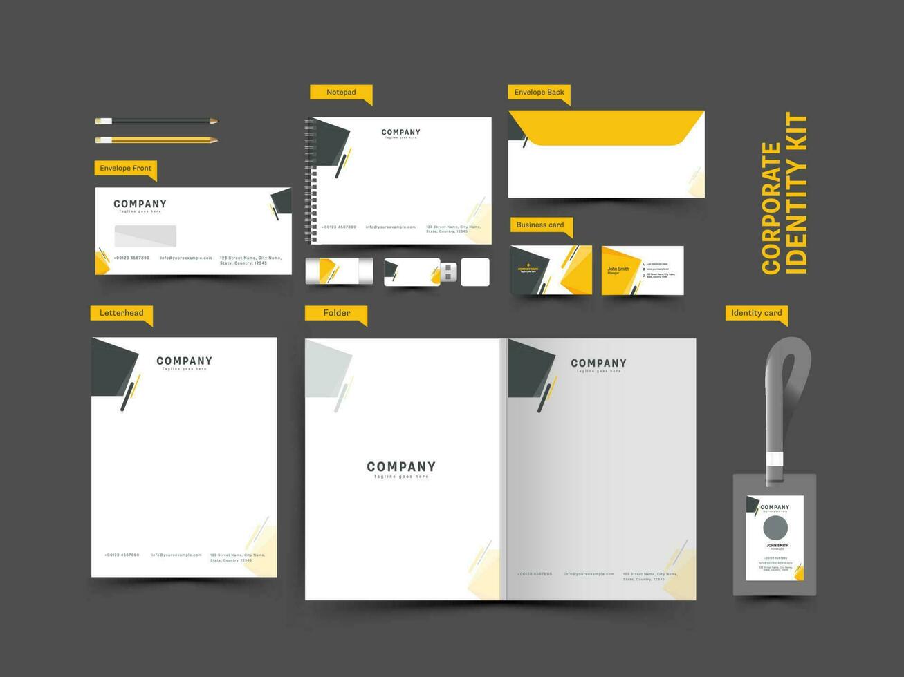 Corporate Identity Kit Including Folder, Letterhead, Double-Side Envelope, Id, Business Card, Notepad, Pen Drive And Stationery Items. vector