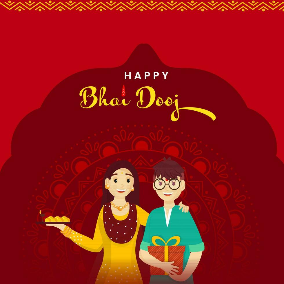 Teen Brother And Sister Holding Plate Of Laddu Sweet Balls With Gift Box On Red Mandala Pattern Background For Happy Bhai Dooj. vector