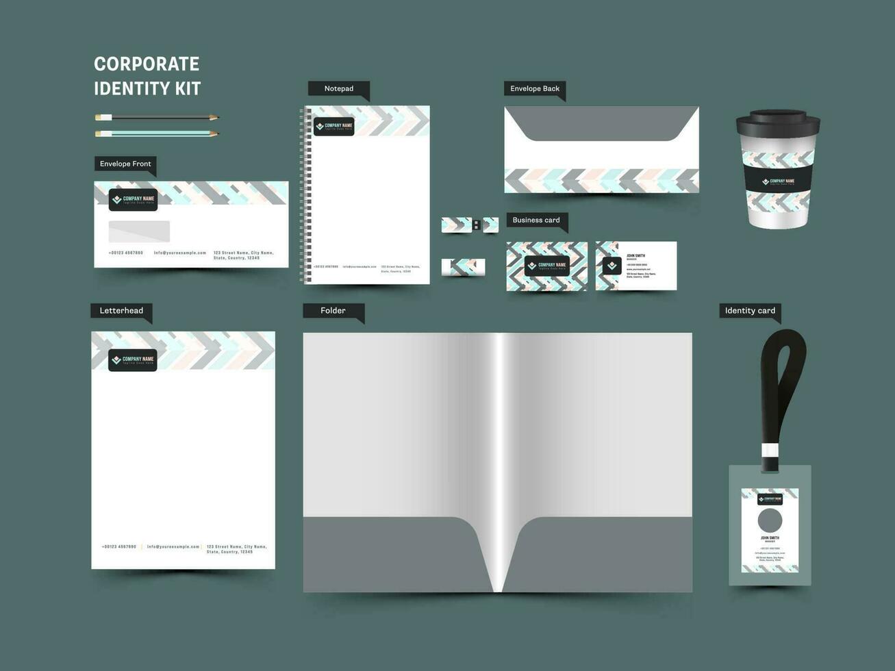 Corporate Identity Kit Including Folder A4, Letterhead, Disposable Coffee Cup, Double-Side Envelope And Visiting Card Etc. vector