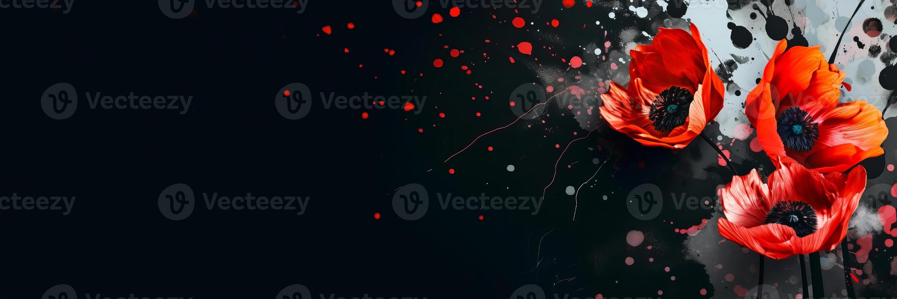 Red poppies and splashes of paint on black banner. VE-Day or World War remembrance day. illustration photo