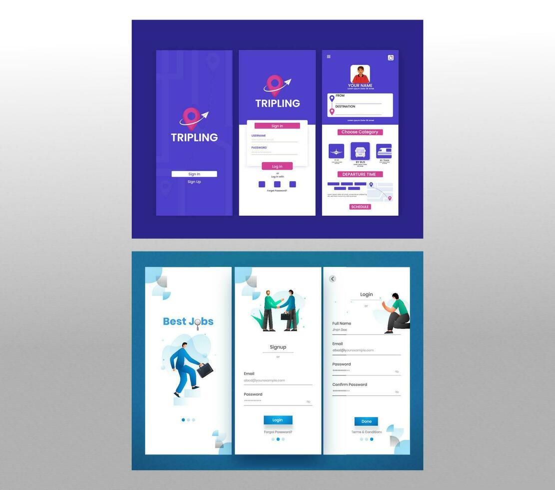Set Of UI, UX, GUI Screens Best Job Recruitment And Tripling App 
