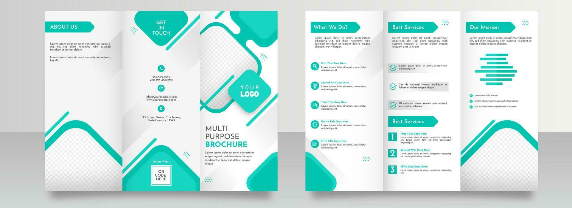 Multipurpose Trifold Brochure Template Layout With Double-Side In Cyan And White Color. vector