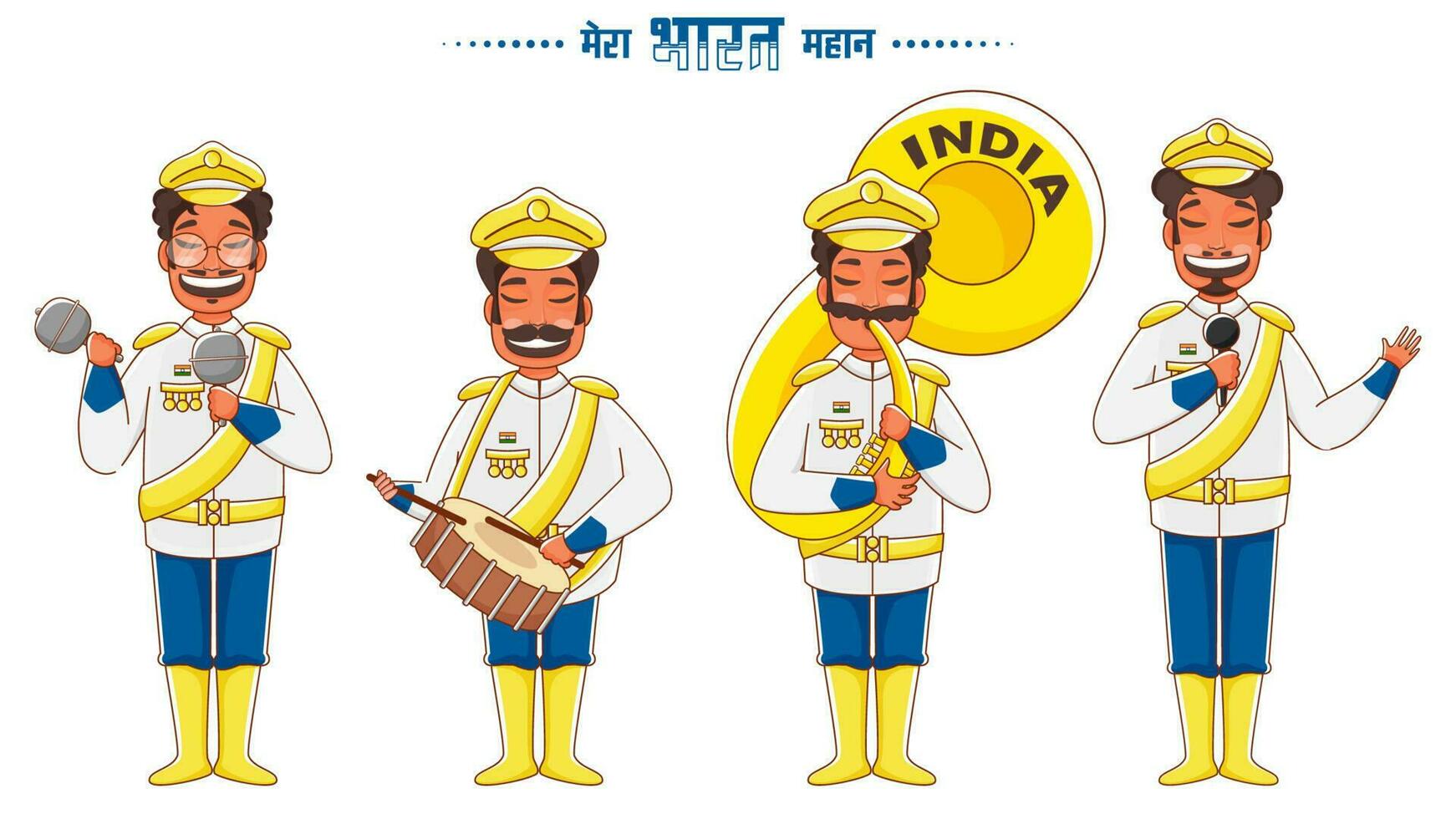 mi India es genial con indio desfile soldados banda y canto en blanco antecedentes. vector
