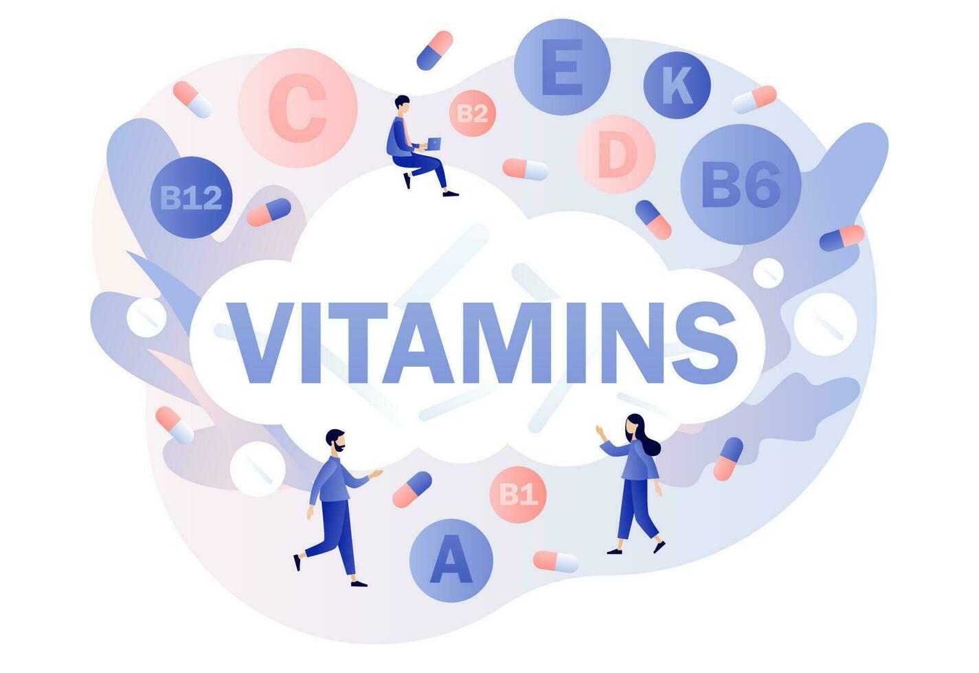 Vitamins - big text. Tiny people and multi vitamin complex, vitamin A, group B B1, B2, B6, B12, C, D, E, K. Healthy lifestyle. Modern flat cartoon style. Vector illustration on white background