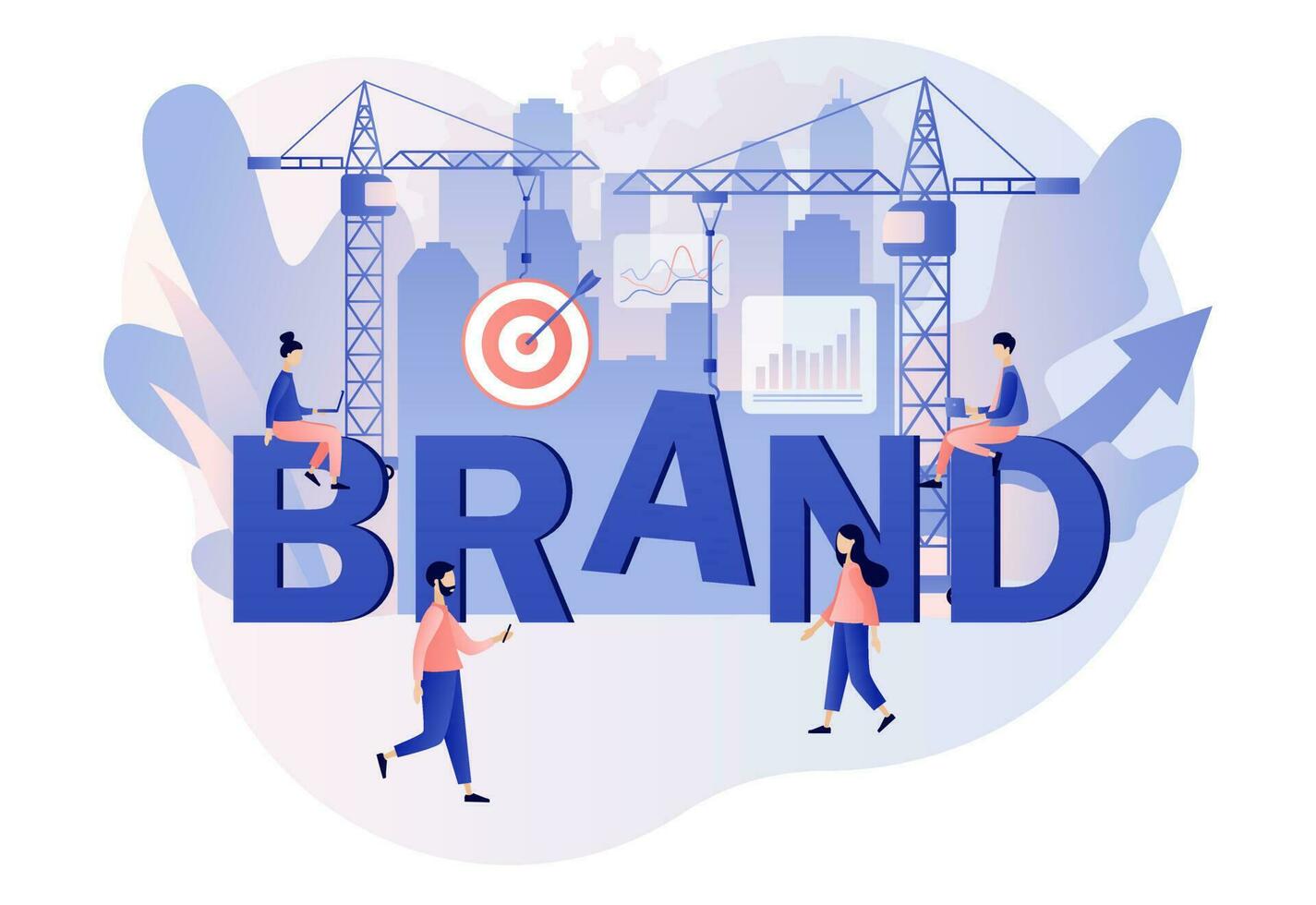 Brand. Tiny people working on building brand. Branding concept. Corporate identity. Company development. Self-positioning, individual brand strategy. Modern flat cartoon style. Vector illustration