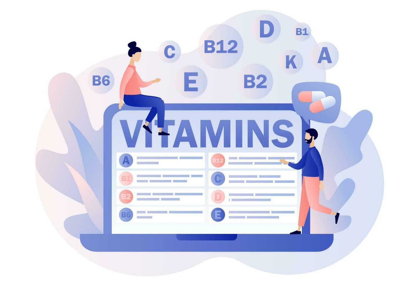 vitaminas complejo. minúsculo personas leyendo lista multi vitamina suplemento, vitamina a, grupo si b1, b2, b6, b12, C, d, mi, k en ordenador portátil. sano nutrición. moderno plano dibujos animados estilo. vector ilustración