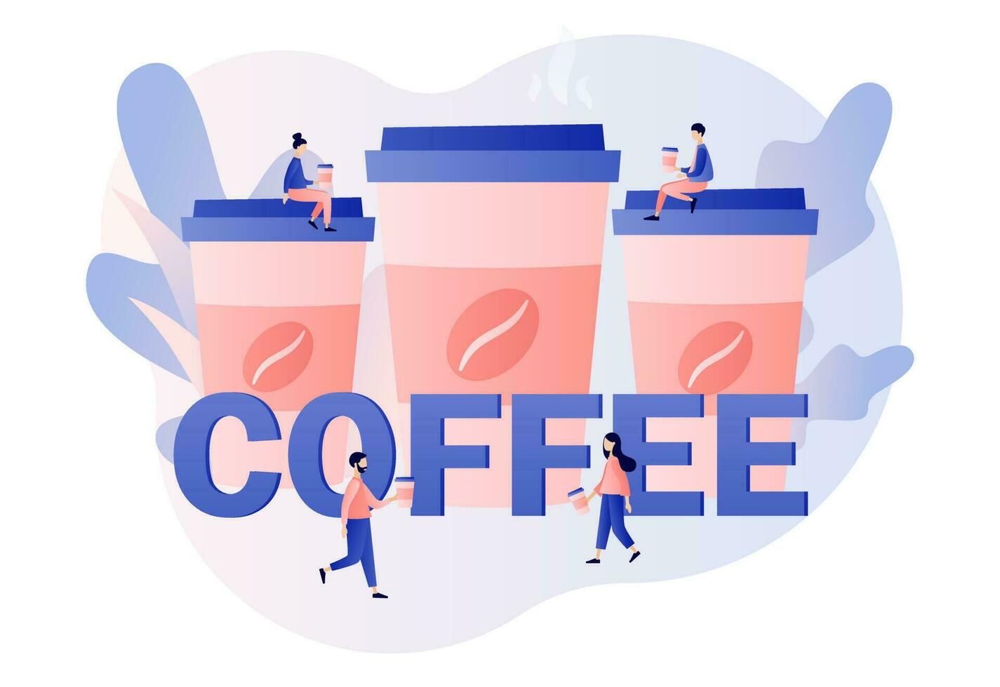 Coffee -text and big cups. Coffee break concept. Tiny people businessmen relaxing, talking and drinking coffee. Lunch time in office. Modern flat cartoon style. Vector illustration on white background