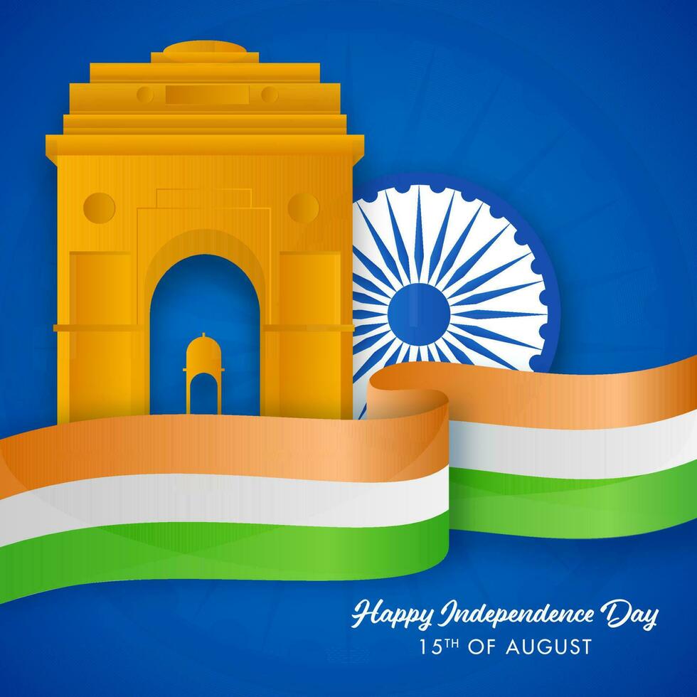 15 agosto, contento independencia día concepto con India portón pabellón, sacudió rueda y tricolor cinta en azul antecedentes. vector