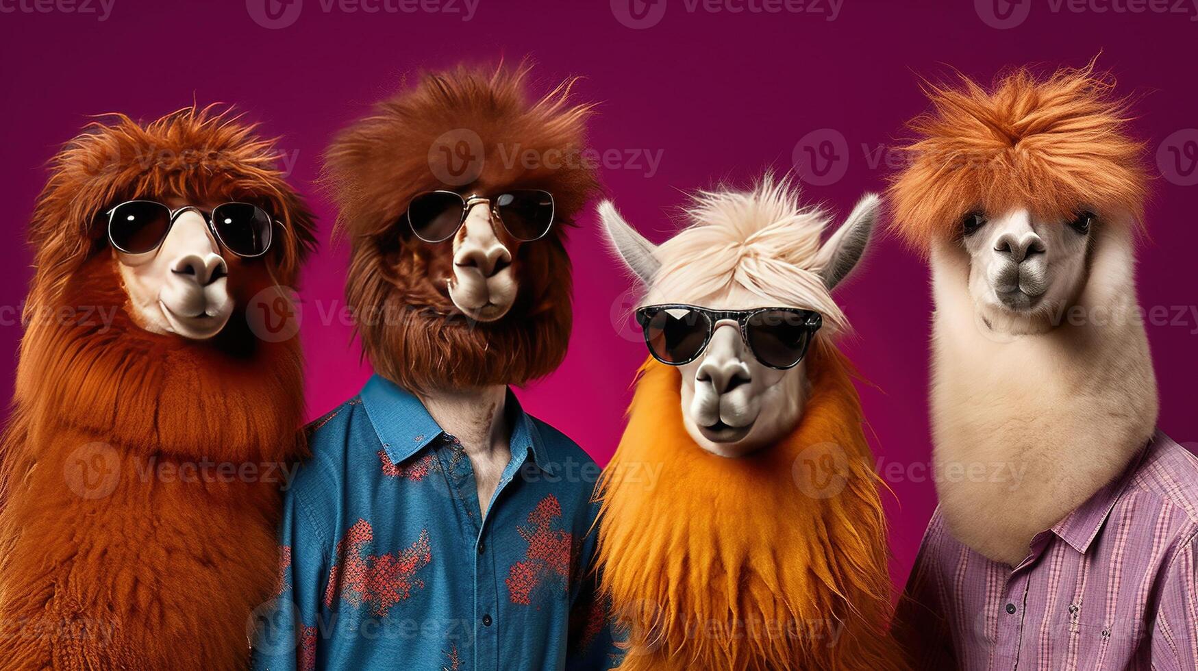 , Group of positive different colors of alpacas or lamas, funny animals. Individuality, independence, think different, creative idea, diversity and inclusive concept. photo