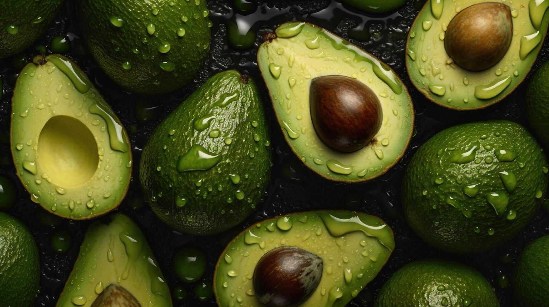 , Macro Fresh Juicy half and whole of green avocado fruit background as pattern. Closeup photo with drops of water