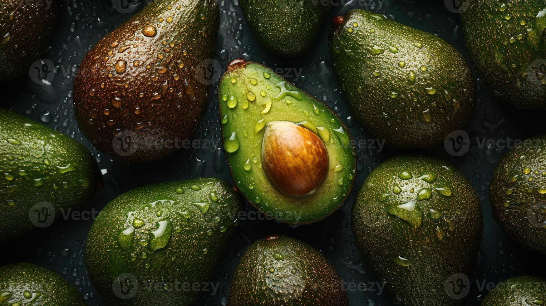 generativo ai, macro Fresco jugoso medio y todo de verde aguacate Fruta antecedentes como modelo. de cerca foto con gotas de agua