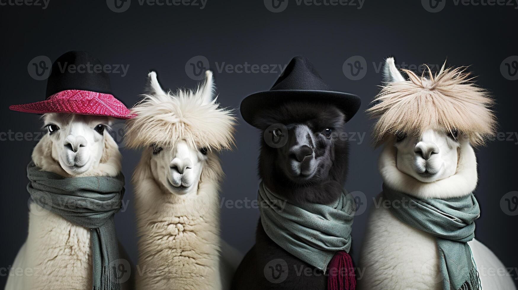 , Group of positive different colors of alpacas or lamas, funny animals. Individuality, independence, think different, creative idea, diversity and inclusive concept. photo