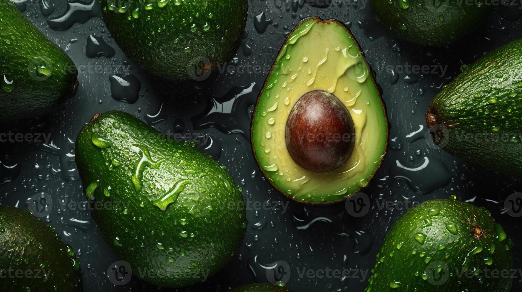 generativo ai, macro Fresco jugoso medio y todo de verde aguacate Fruta antecedentes como modelo. de cerca foto con gotas de agua