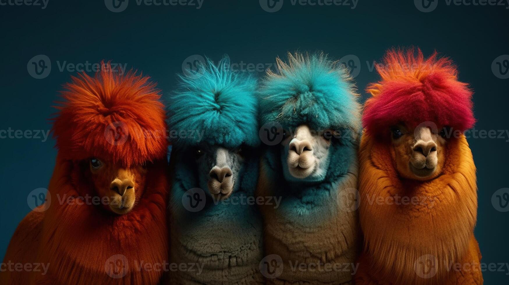 , Group of positive different colors of alpacas or lamas, funny animals. Individuality, independence, think different, creative idea, diversity and inclusive concept. photo