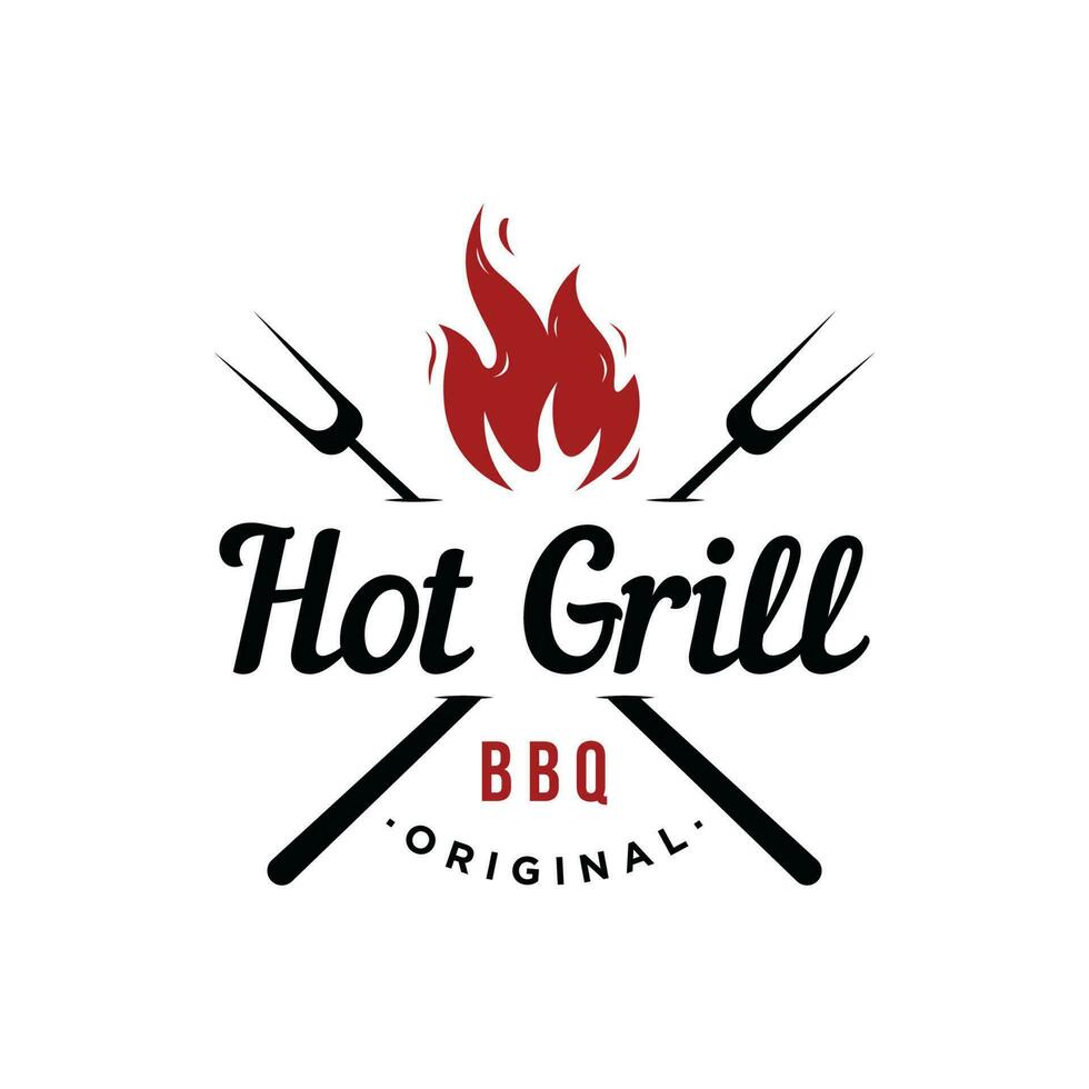 BBQ hot grill vintage typography Logo design with crossed flames and spatula. Logo for restaurant, badge,cafe and bar. vector