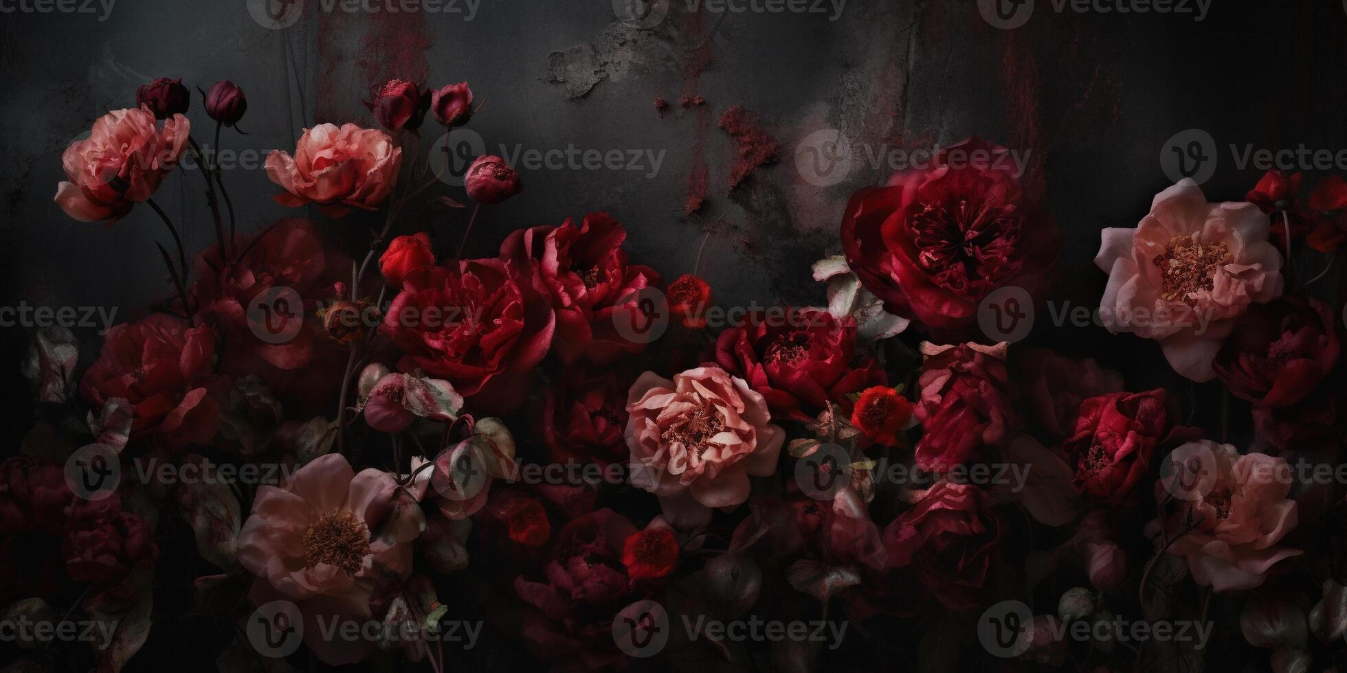 , Close up of blooming flowerbeds of amazing red color flowers on dark moody floral textured background. Photorealistic effect.. photo
