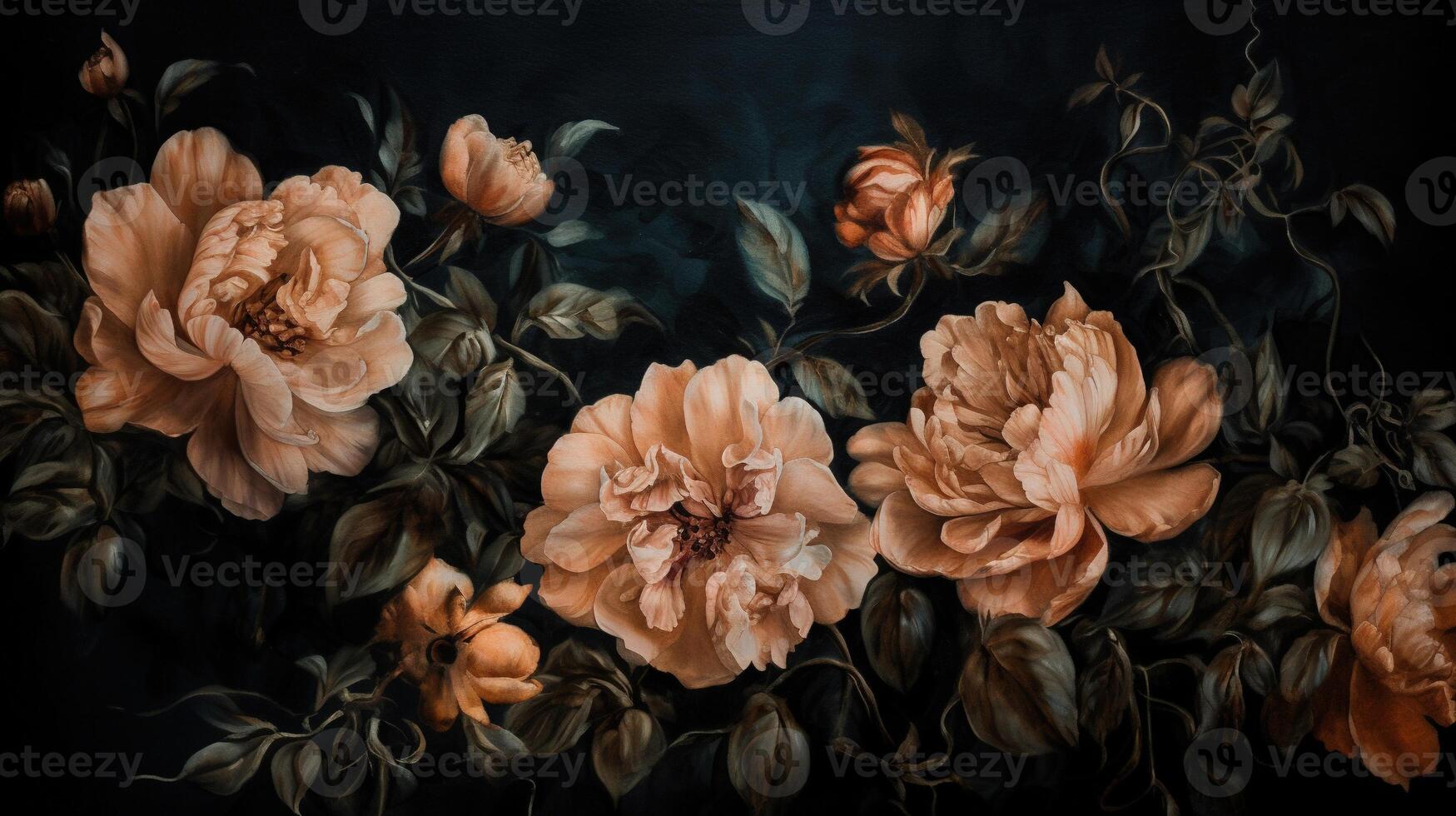 , Close up of blooming flowerbeds of amazing apricot orange color flowers on dark moody floral textured background. Photorealistic effect.. photo