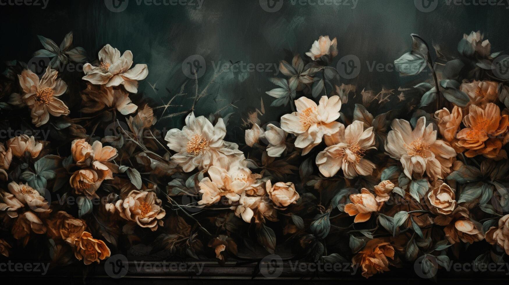 , Close up of blooming flowerbeds of amazing apricot orange color flowers on dark moody floral textured background. Photorealistic effect.. photo