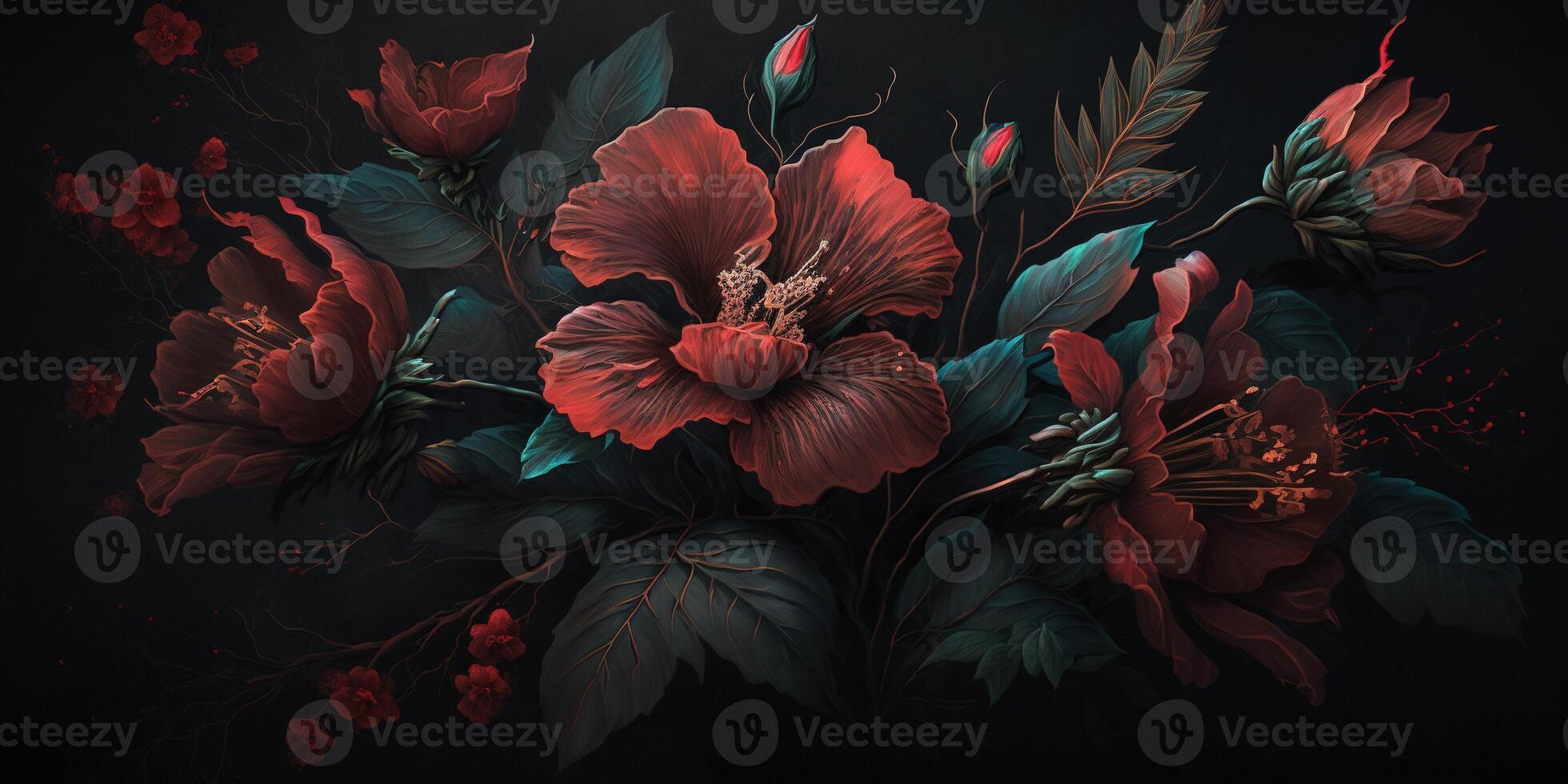 , Close up of blooming flowerbeds of amazing red color flowers on dark moody floral textured background. Photorealistic effect.. photo